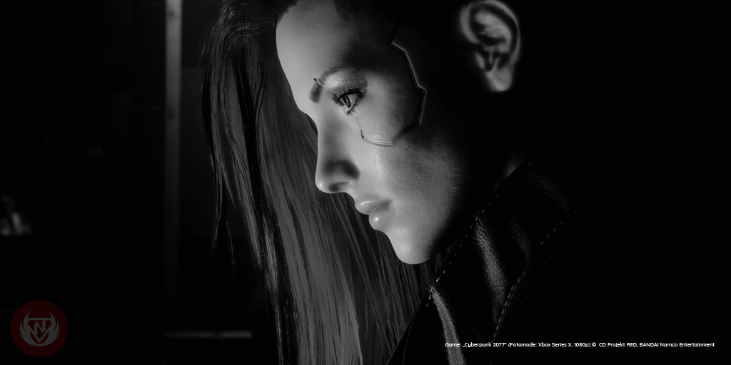 Screenshot Cyberpunk 2077 (Fotomode: Xbox Series X, 1080p) - Portait Weibliche V - Schwarz/Weiß