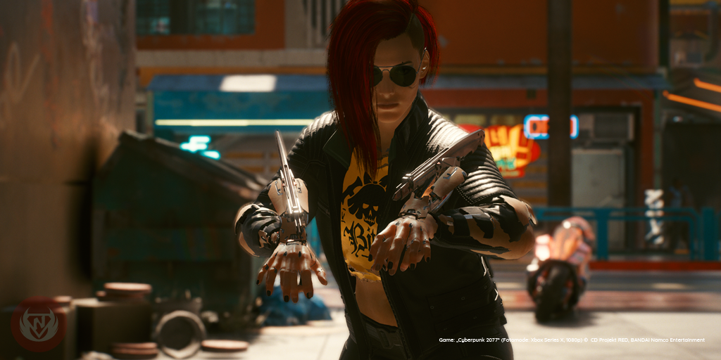 Screenshot Cyberpunk 2077 (Fotomode: Xbox Series X, 1080p) - Weibliche V mit Mantisklingen und 4 Händen - kleiner Glitch